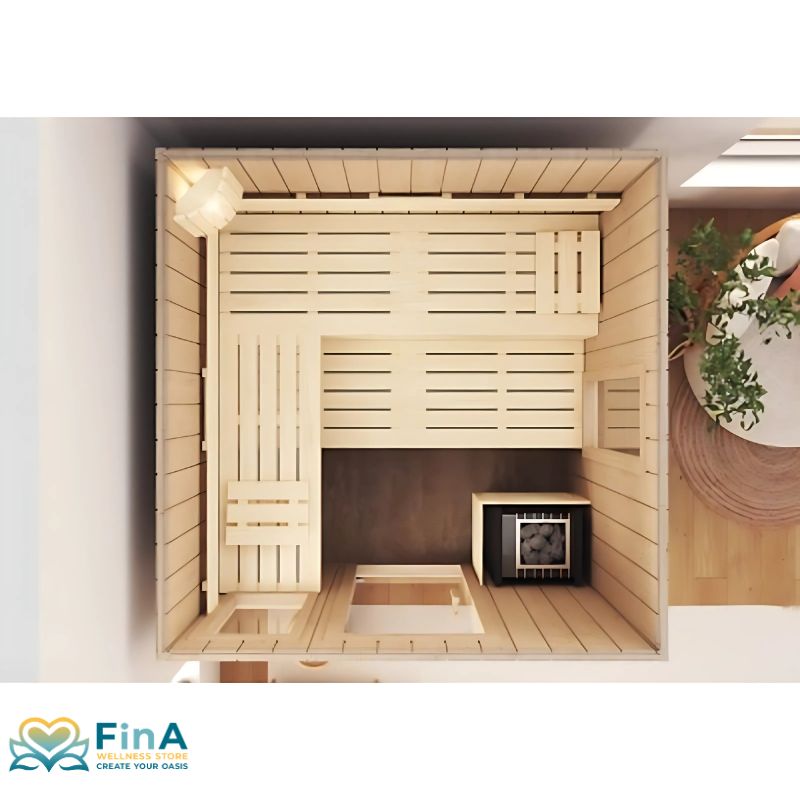Floor plan of the Leyla sauna from FinA Wellness - top view with interior fittings, loungers and heater placement