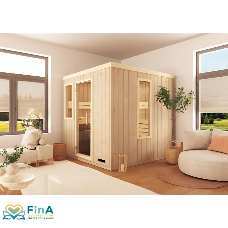 Leyla sauna from FinA Wellness - compact solid wood sauna with door and glass window in natural surroundings