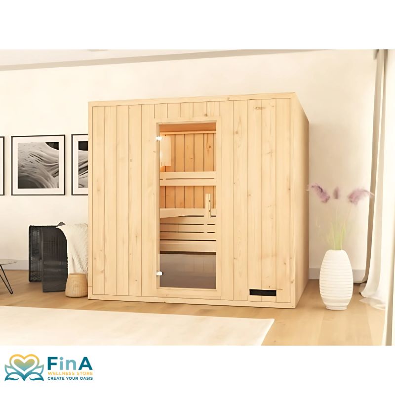 FinA Wellness Leyla sauna - front view with all-glass door and clear wooden structure, stylishly placed with vase in the room